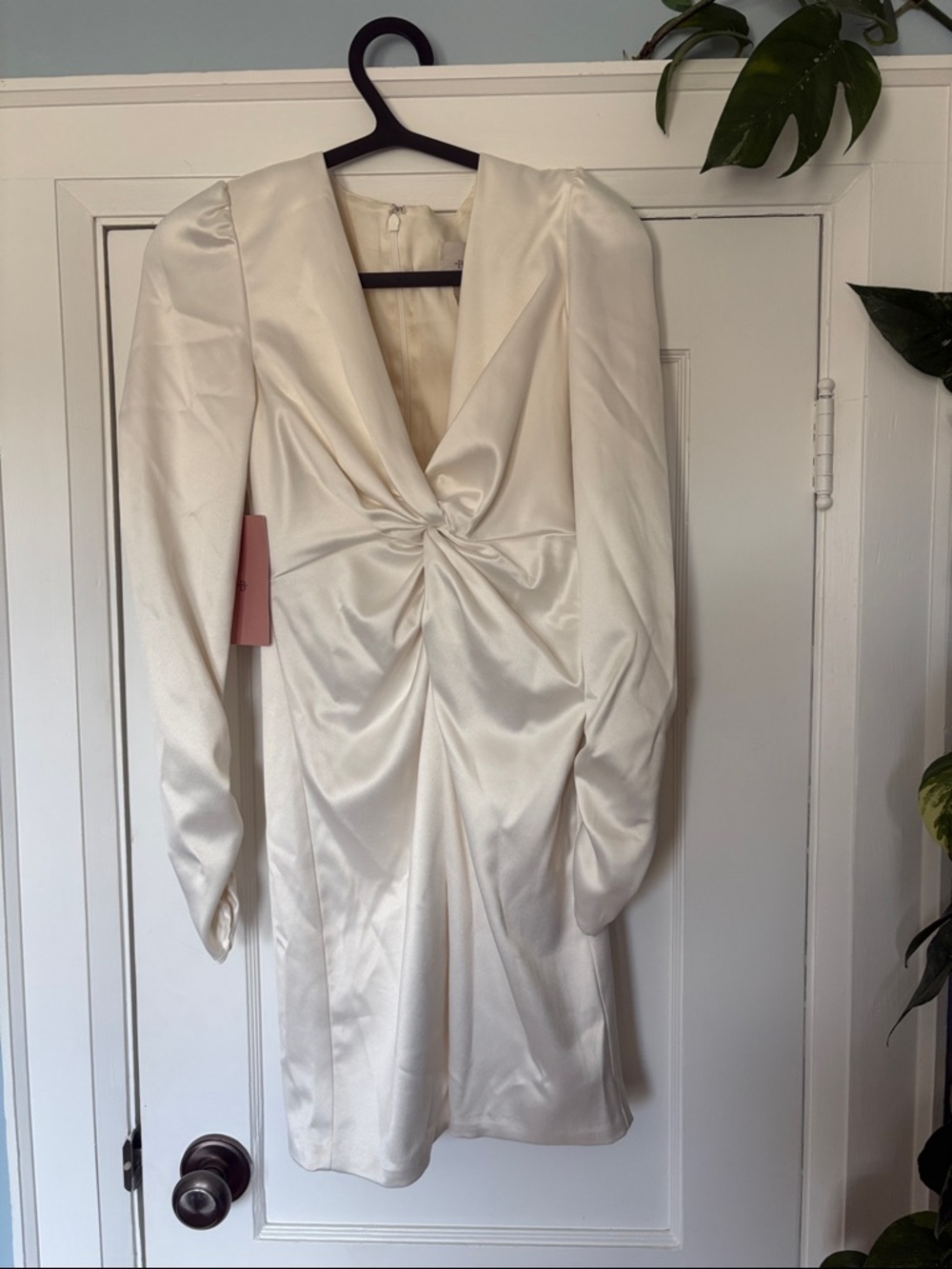 White Satin Twist-Front Long Sleeve Dress